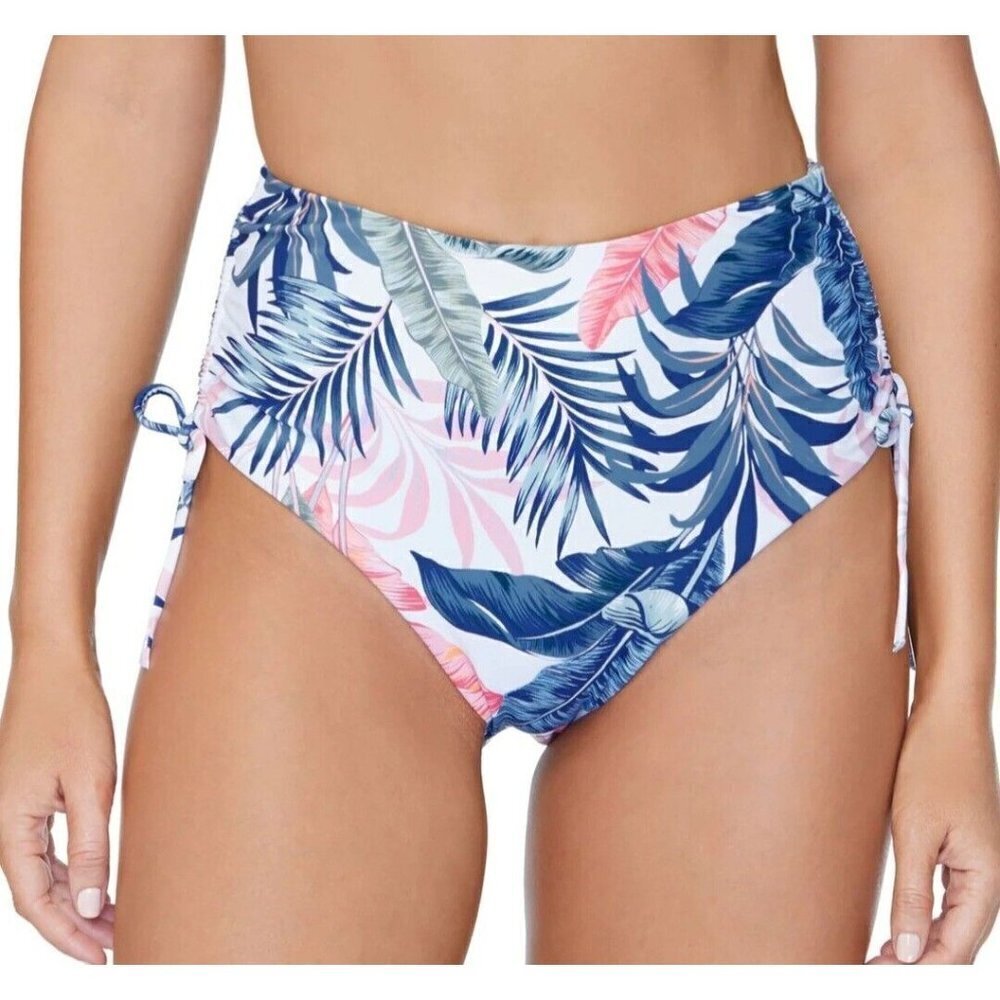 RAISINS Women's Blue Palm Print Stretch Drawstring Ruched Lined Bikini. Medium.